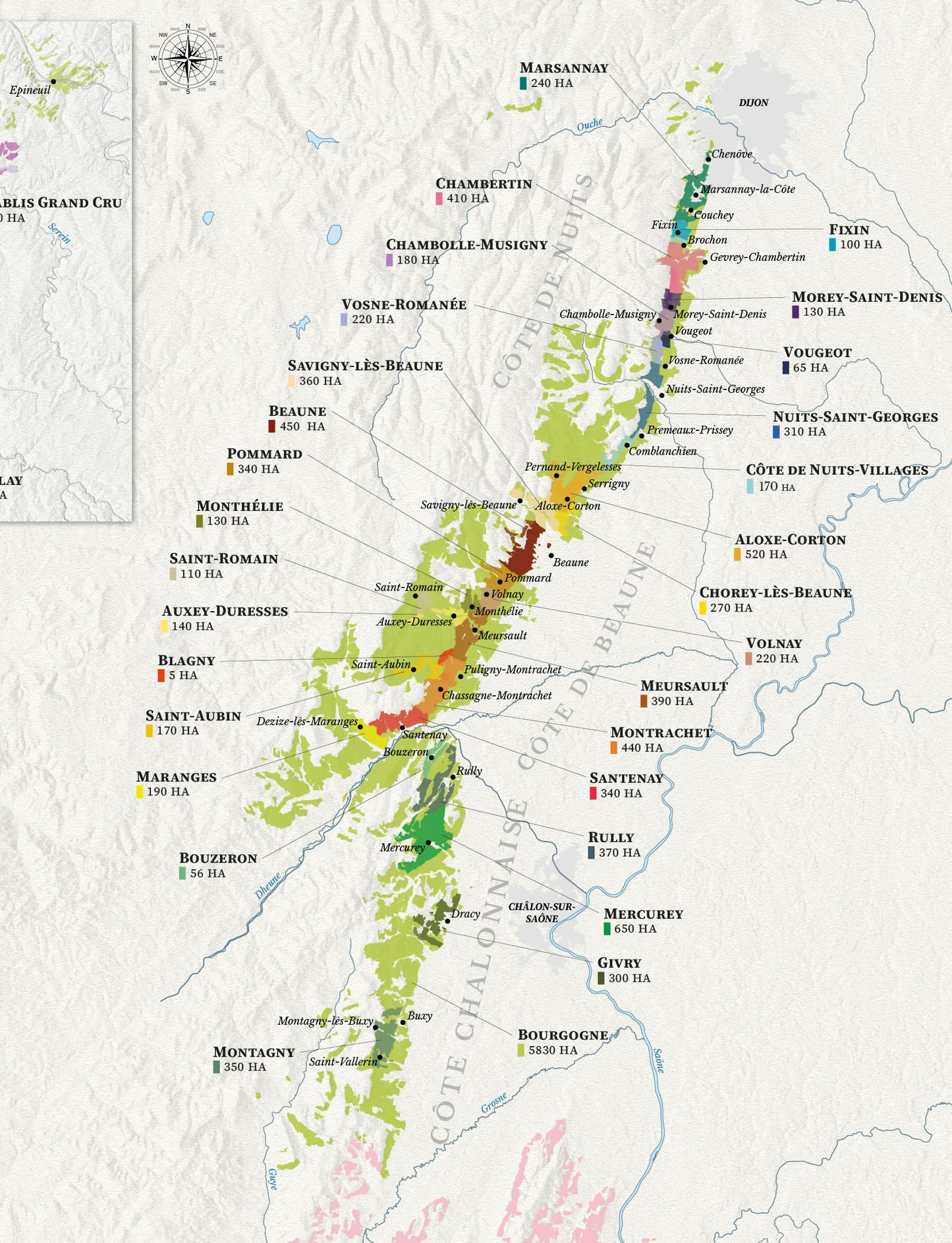 Bourgogne Wine Map (Burgundy)  Real Data based